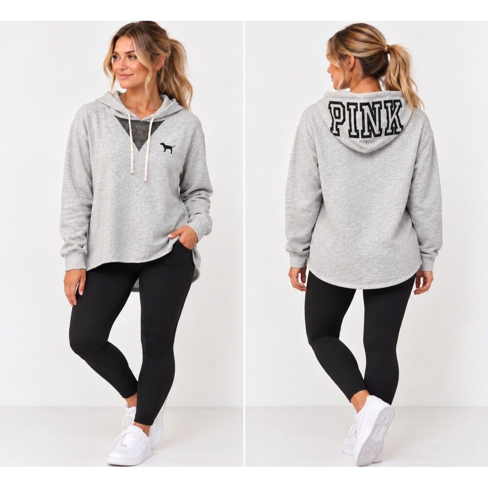 VS PINK High-Low Raw Hem Hoodie Heather Grey Mesh Inset Dog Logo XS